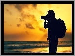 Plecak, Morze, Fotograf, Człowiek, Zachód słońca